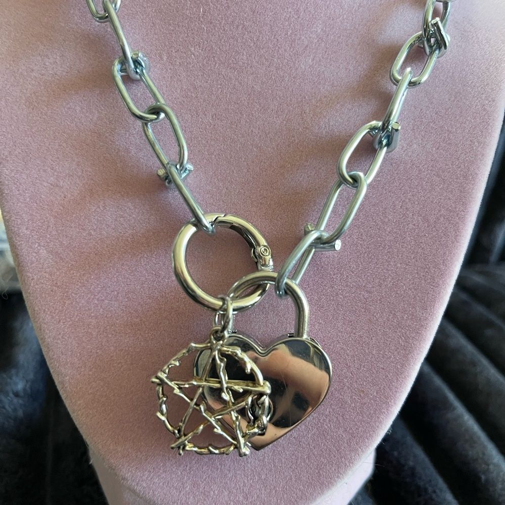Chunky Silver Necklace with Heart and pentagram Charms - Picture 2 of 7